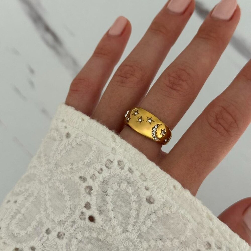 SKU:0113 gold ring zircon stone vintage vibe‎ moon stars sun stainless steel